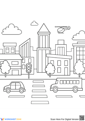 Busy Street Scene – City Coloring Page for Kids