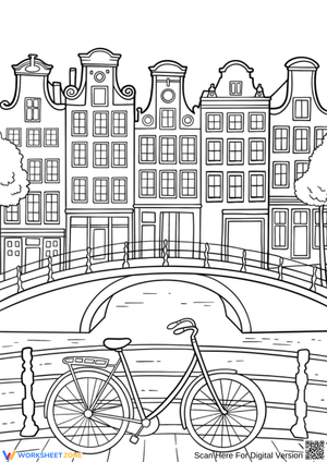 Amsterdam Canal and Bicycle – City Coloring Page