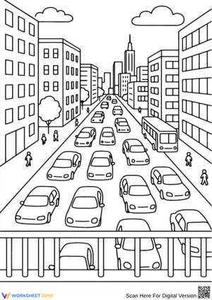 Busy City Street with Traffic – City Coloring Page