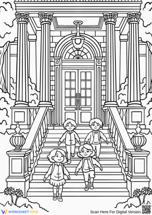 Children Leaving a Grand Library – Library Coloring Page