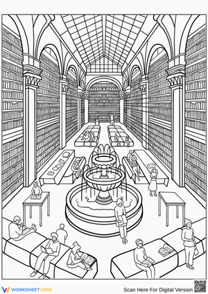 Elegant Reading Room with Fountain – Library Coloring Page