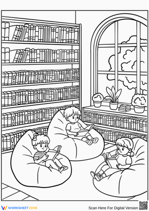Cozy Reading Corner with Bean Bags – Library Coloring Page