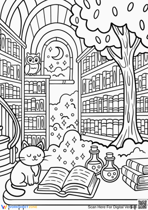 Whimsical Library with Cat, Owl, and Potions – Library Coloring Page