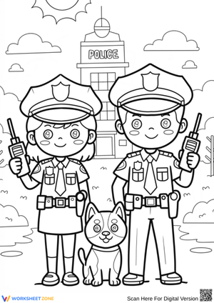 Cartoon Police Officers with Police Dog – Police Coloring Page
