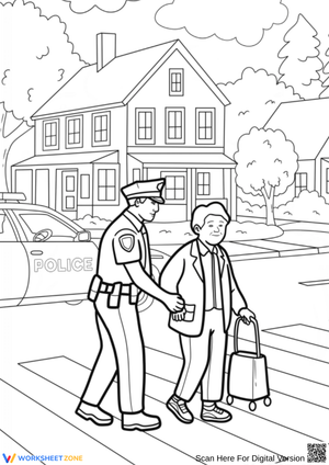 Police Officer Assisting Elderly Man – Police Coloring Page