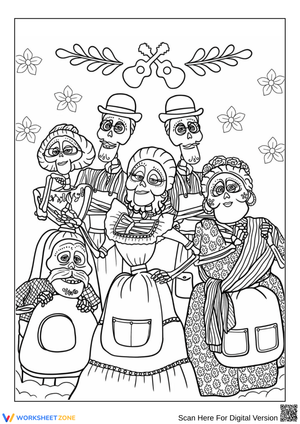 Coco-Inspired Skeleton Family Coloring Page