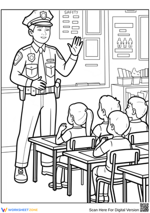 Police Officer Teaching Safety in Classroom – Police Coloring Page