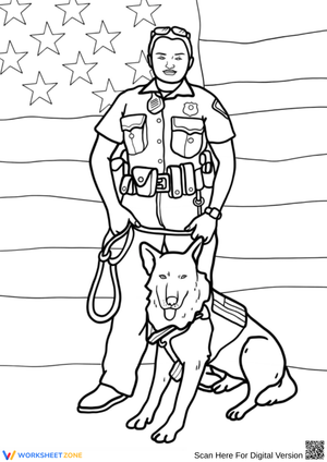 K9 Police Officer with Service Dog and Flag – Police Coloring Page