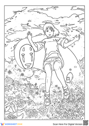 Spirited Away Coloring Page: Chihiro and No-Face Floating