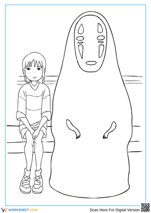 Spirited Away Coloring Page: Chihiro and No-Face on the Bench