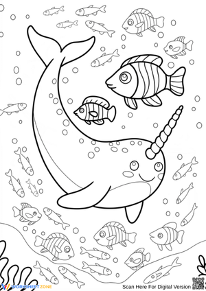 Smiling Narwhal and Fish Underwater Coloring Page