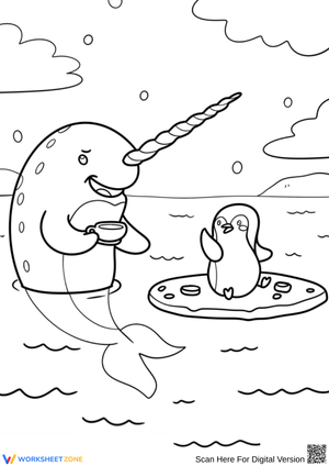 Narwhal and Penguin Tea Party – Cute Coloring Page