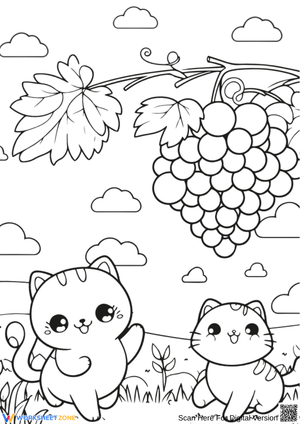Cute Cats and Grapes Coloring Page for Kids