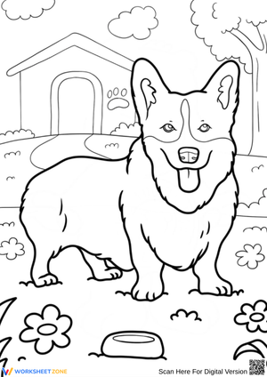 Happy Corgi Coloring Page in the Backyard