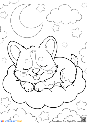 Dreamy Corgi Coloring Page with Moon and Stars