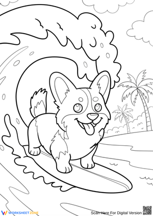 Surfing Corgi Coloring Page – Dog Rides a Big Wave
