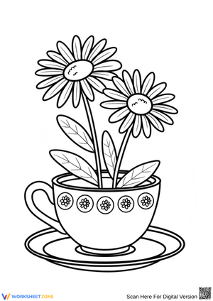 Daisy Flowers in Teacup Coloring Page