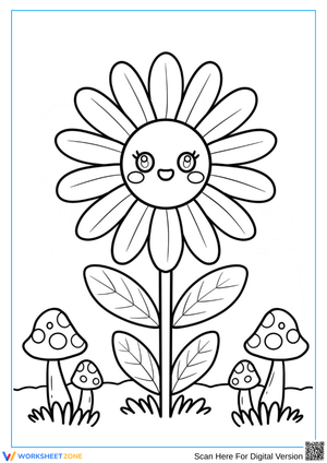 Smiling Daisy and Mushrooms Coloring Page