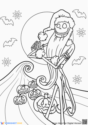 Santa Jack Skellington Coloring Page with Pumpkins and Bats