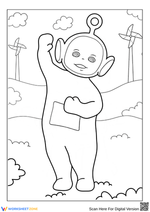 Po the Teletubby Waving in the Meadow Coloring Page