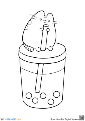 Pusheen Cat on Boba Cup Coloring Page