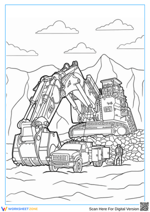 Construction Excavator and Truck Coloring Page