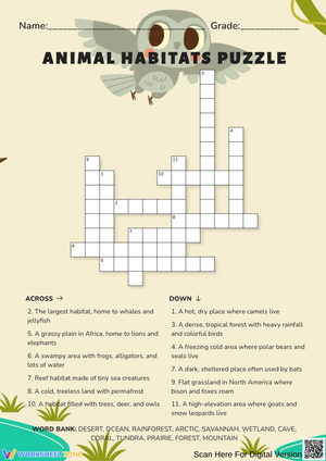 Animal Habitats Crossword Puzzle Worksheet