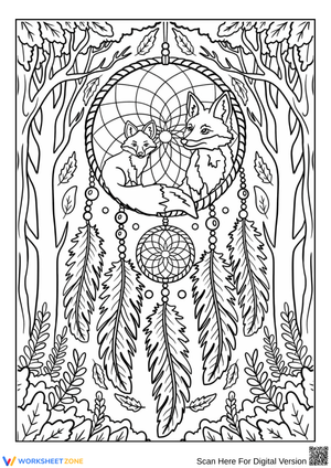 Foxes in Forest Dreamcatcher Coloring Page for Kids & Adults