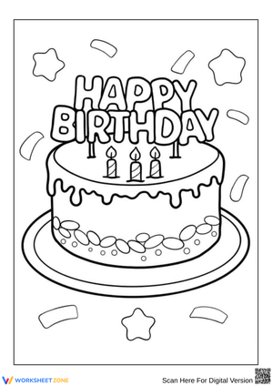 Happy Birthday Cake Coloring Page with Candles and Confetti