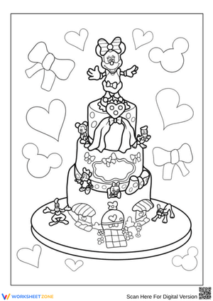 Minnie Mouse Birthday Cake Coloring Page with Hearts 