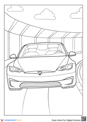 Tesla Front View on Curved Road Coloring Page