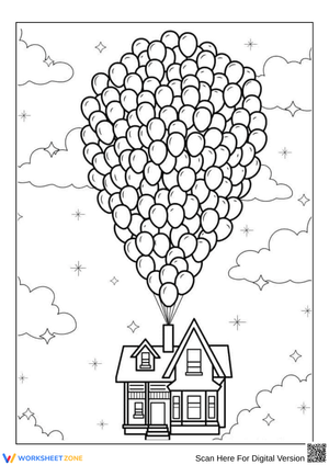 Floating House with Balloons Coloring Page