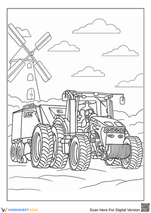 John Deere Tractor Coloring Page with Windmill Background