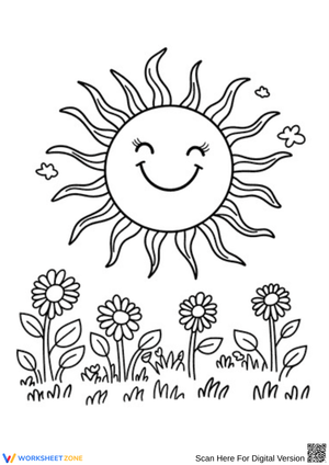 Smiling Sun and Flowers Coloring Page