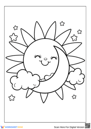 Cute Sun and Moon with Clouds Coloring Page