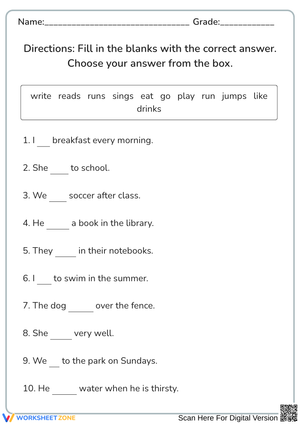 Action Verbs Fill in the Blanks Worksheet