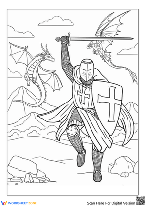Knight Battling Dragons Coloring Page