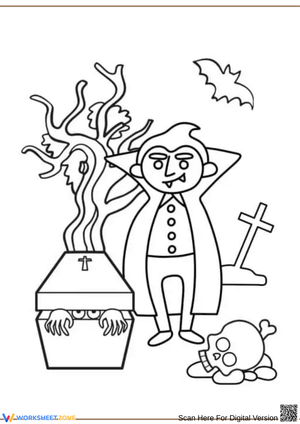 Spooky Vampire and Coffin Halloween Coloring Page