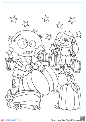 Zombie Pumpkin Patch Halloween Coloring Page