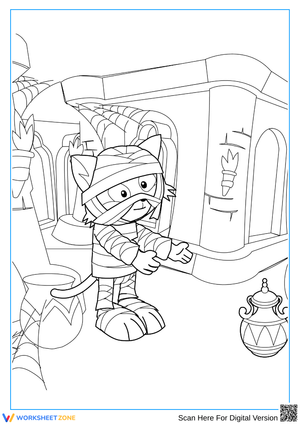 Mummy Cat in Tomb Halloween Coloring Page