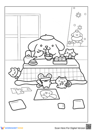 Pompompurin Eating Noodles With Muffin Coloring Page