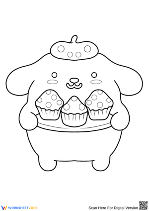 Kawaii Pompompurin Serving Cupcakes Coloring Page