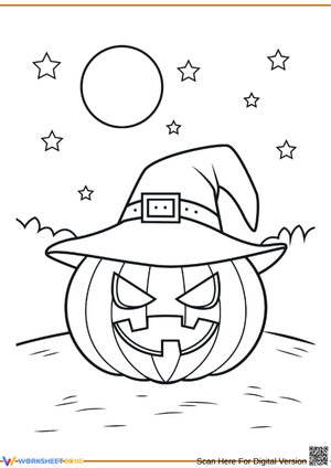 Jack-O’-Lantern with Witch Hat and Moon Halloween Coloring Page