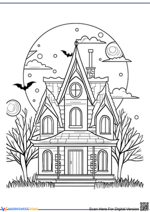 Gothic Haunted House Halloween Coloring Page