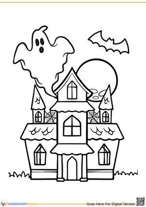 Haunted House with Ghost and Bat Halloween Coloring Page