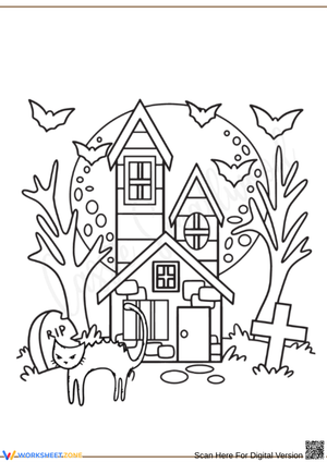 Haunted House Coloring Page | Spooky Cat and Bats Design