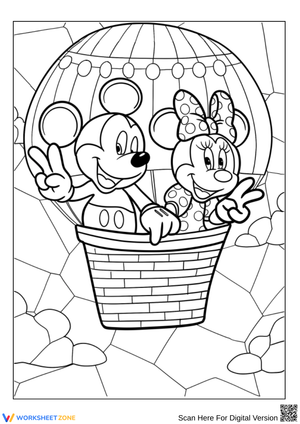 Mickey and Minnie Mouse Hot Air Balloon Stained Glass Coloring Page