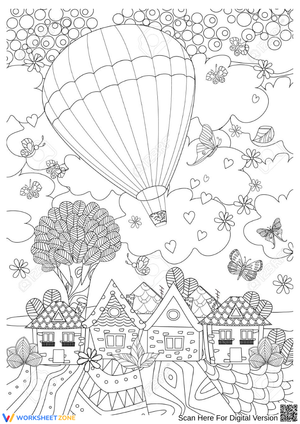 Beautiful Landscape Hot Air Balloon Coloring Page