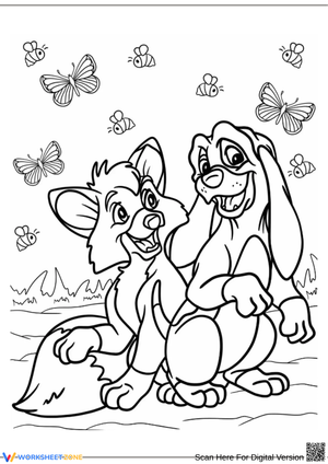 Fox and the Hound with Butterflies Coloring Page