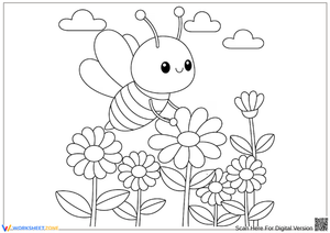 Cute Bee Coloring Page with Flowers
